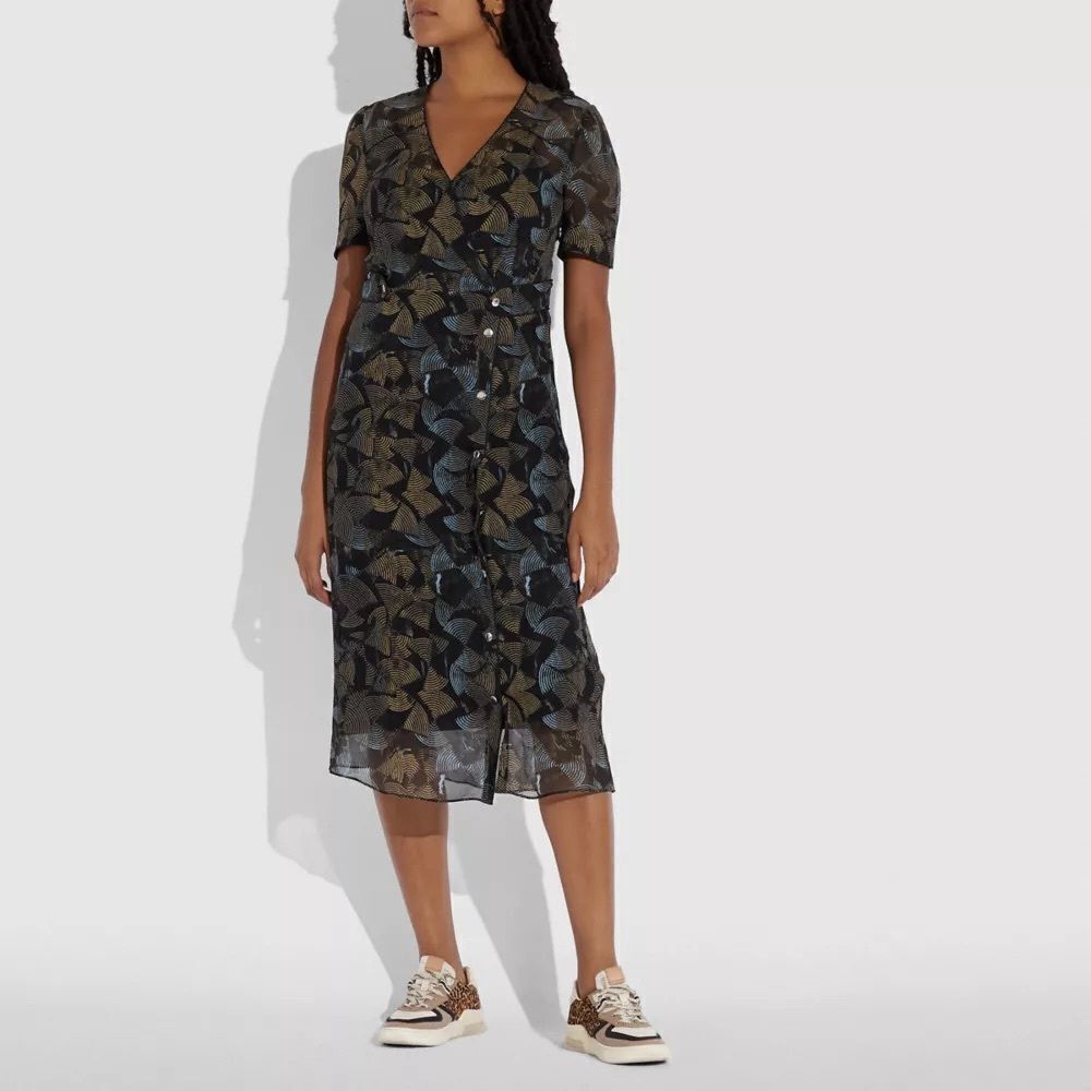 Coach Printed Long Chiffon V Neck Dress - 100% Silk - size 6